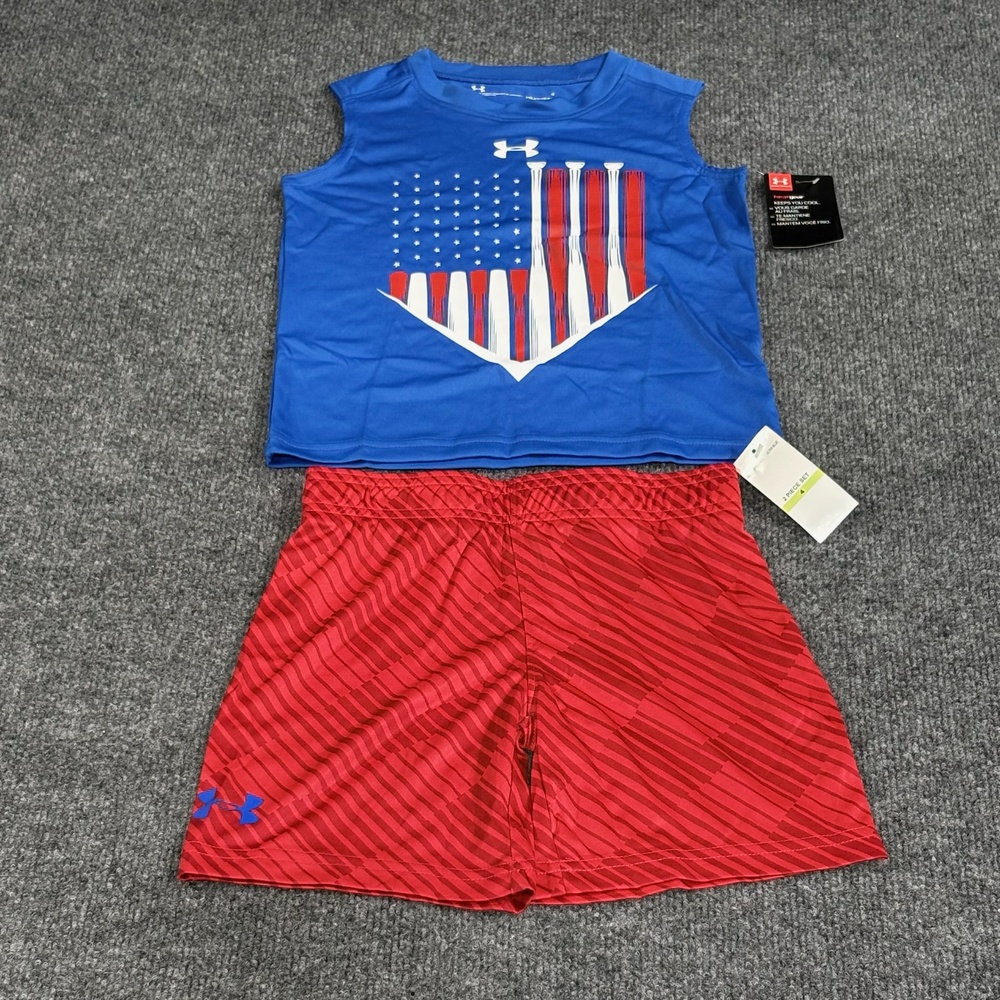 Under Armour Tank Shorts Set Boys Youth 4 Blue Red Patriotic Baseball Graphic